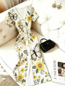 SHEIN Franclia Summer Elegant Floral & Butterfly Print Front Button Dress - Multicolor - View 1