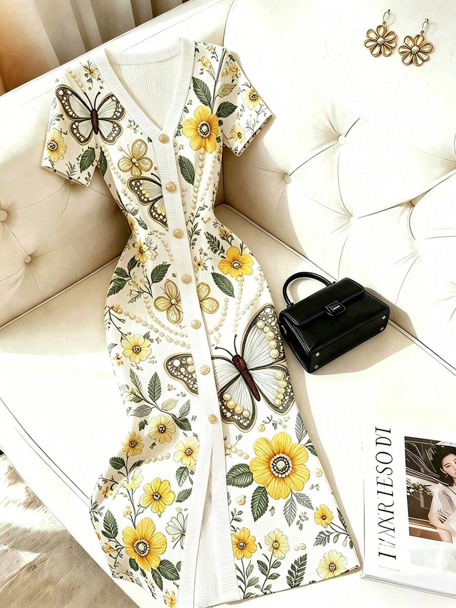 SHEIN Franclia Summer Elegant Floral & Butterfly Print Front Button Dress - Multicolor - View 1