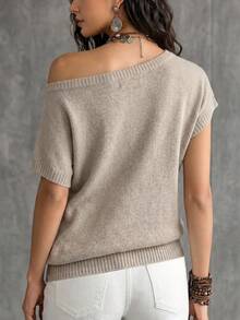 SHEIN Casual Elegant Women's Loose Asymmetric Neck Top - Khaki - View 4