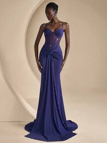 Coutiva Women's Elegant Rhinestone Pleated Ruffle Mermaid Hem Formal Evening Gown - Navy Blue - View 3