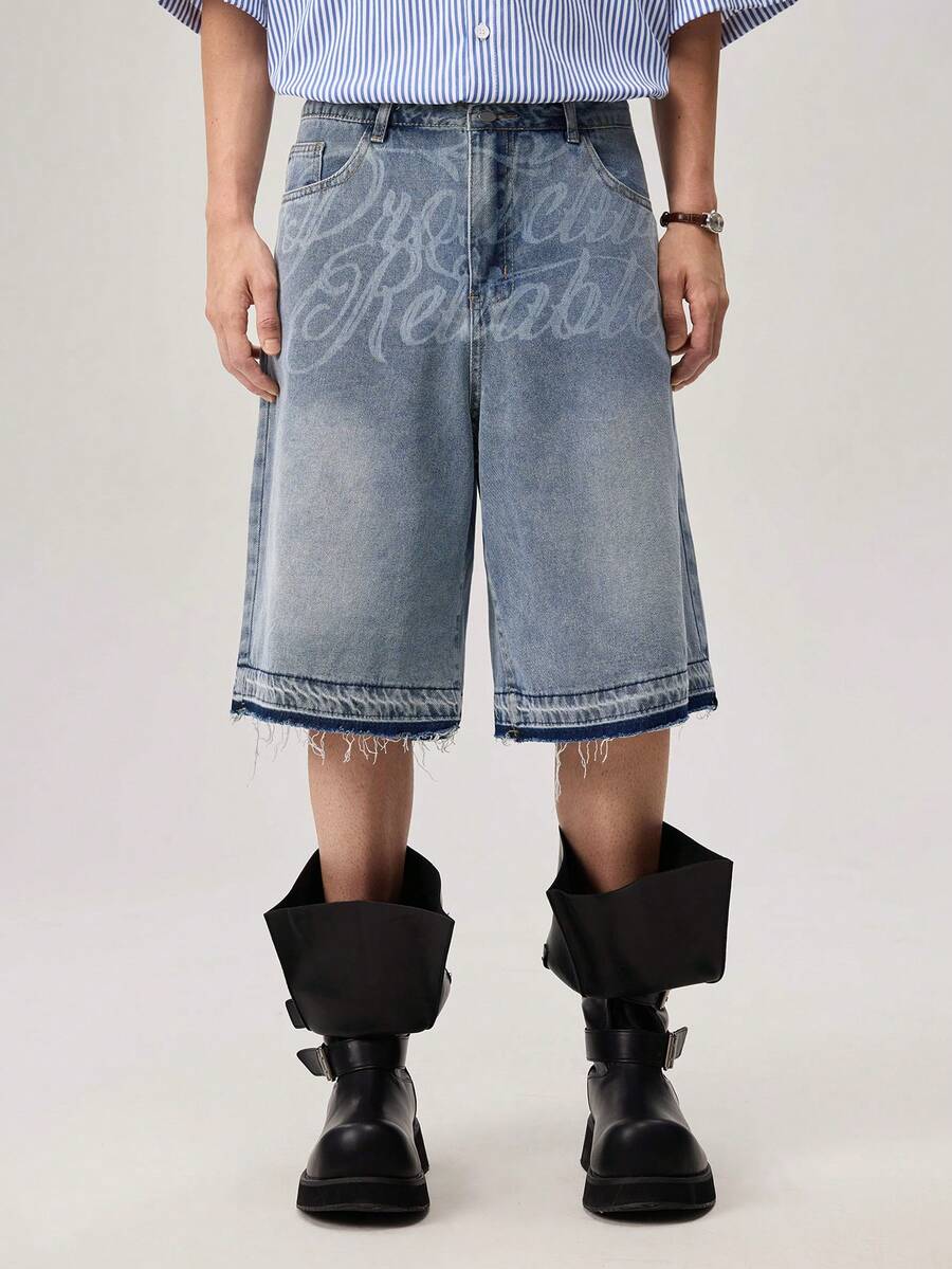 Pantalones cortos de mezclilla lavada con bordado para hombres, de moda - Azul - Ver 1