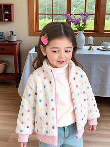 Elladie kids 1件少女甜美可愛波點毛絨拉鍊外套 厚款外套 適合日常休閒外出 春秋冬三季 - 白色 - 查看 3