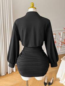 Comfortcana Plus Size High Elasticity Black Retro Minimalist Autumn/Winter Bodycon Mock Neck Knit Dress Fall - Black - View 2