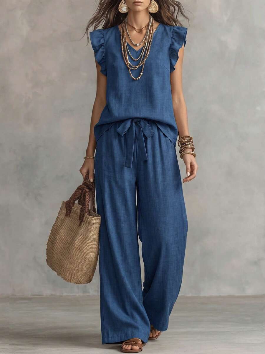 SHEIN Women's Spring/Summer Casual Solid Color Short Flutter Sleeve Round Neck Blouse And Pink Straight Leg Pants 2 Pieces Set - Royal Blue - View 1