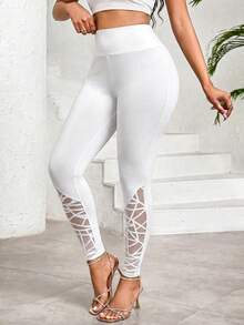 SHEIN Lady 高腰蕾絲拼接女款緊身褲 健身運動 白色 夏季 性感 - 白色 - 查看 4