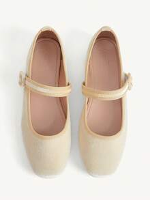 CUCCOO CHICEST Spring And Summer New Multi-Color Velvet Square Toe Mary Jane Shoes, Buckle Strap Flat Ballet Shoes, French Retro Style, Daily Commute - Beige - View 1