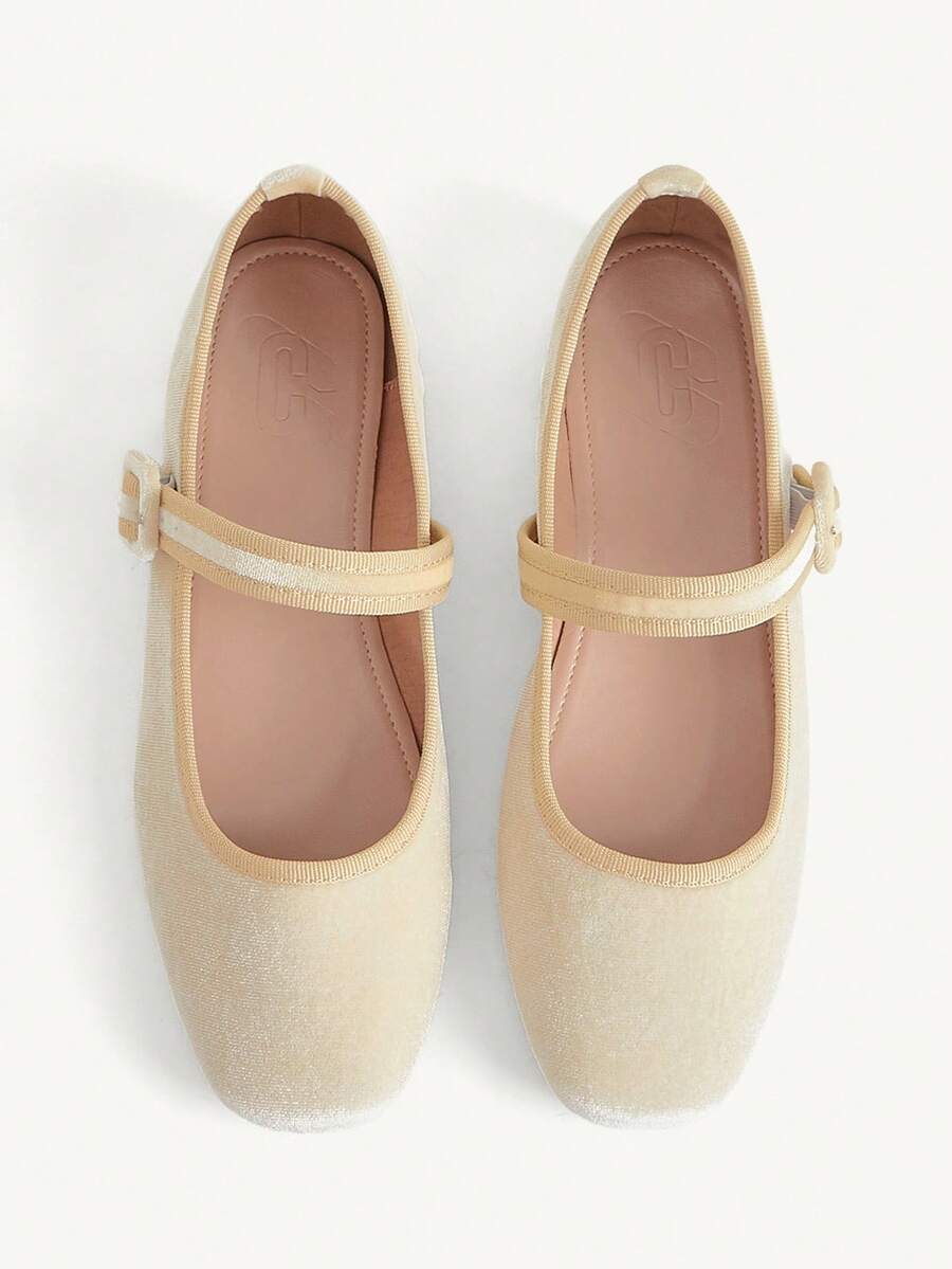CUCCOO CHICEST Spring And Summer New Multi-Color Velvet Square Toe Mary Jane Shoes, Buckle Strap Flat Ballet Shoes, French Retro Style, Daily Commute - Beige - View 1
