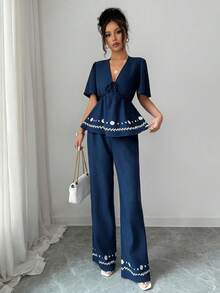 Elenzga Women's Navy Blue Floral 2 Pieces Set,Summer Tropical Holiday Tea Party Vacation,V-Neck Tie Bow Top & Elastic Waist Printed Hem Linen Pants Outfits - Navy Blue - View 1