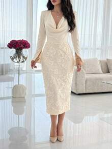 Modelyn Women's Solid Color Deep V-Neck Long Sleeve Lace Patchwork 3D Floral Dress Evening White Floral Autumn Elegant Dinner Party Casual Cocktail Wedding - Apricot - View 1