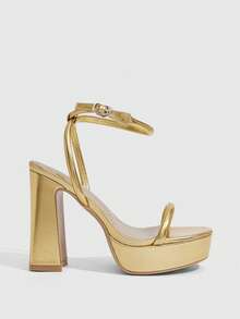 CUCCOO SZL Women's Round Toe Thick Heel High Heel Sandals, Stylish And Simple Women's Shoes, Elegant Commuter Party, Women's Sandals - Gold - View 2