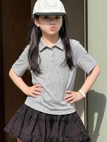 Dazy Kids 少女純色 Polo 領短袖休閒 T 恤 夏季 - 灰色 - 查看 3