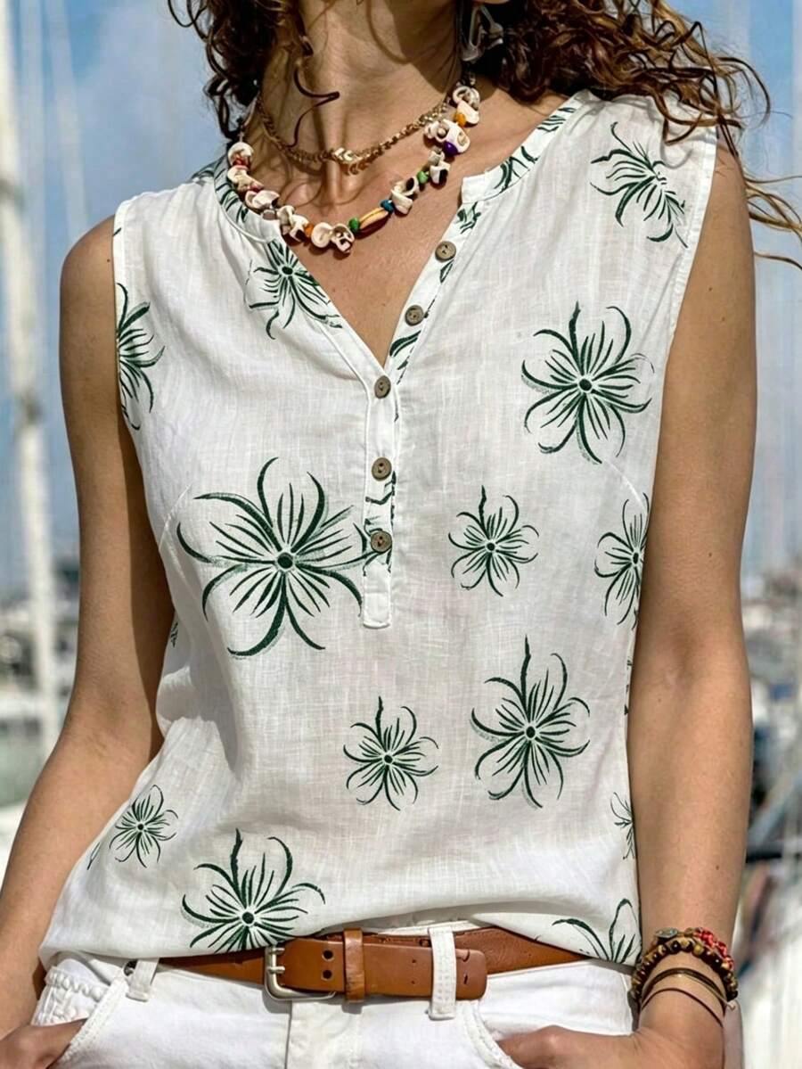 SHEIN Holidaya 女款花卉印花鈕扣半開襟休閒背心上衣,適合度假 - 綠色 - 查看 1