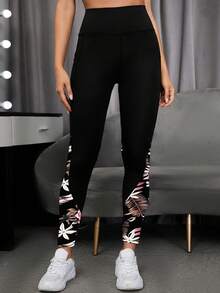 SHEIN Sports Leggings de sport à imprimé floral avec poche latérale pour téléphone, pantalon de yoga pour femmes - Multicolore - Voir 4