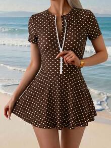 Swim Shayni Women's Polka Dot Short Sleeve Jumpsuit And Mini Skirt Burkini Two-Piece Swimsuit Set, Suitable For Summer Vacation - Brown - View 5