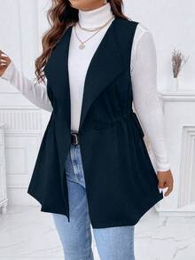 SHEIN LUNE 大尺碼女款純色百褶休閒百搭通勤旅行背心外套 - 藏蓝色 - 查看 1