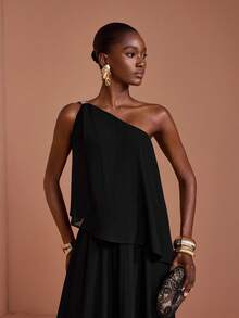 JIAN LASALA Black Chiffon One Shoulder Ruffle Hem Uneven Sleeveless Long Dress Party Vacation - Black - View 6