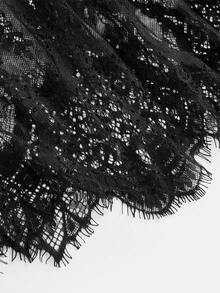 SHEIN Pitira 兒童青少年女孩純色百褶長袖蕾絲拼接洋裝，休閒日常秋冬優雅連身裙 - 黑色 - 查看 3