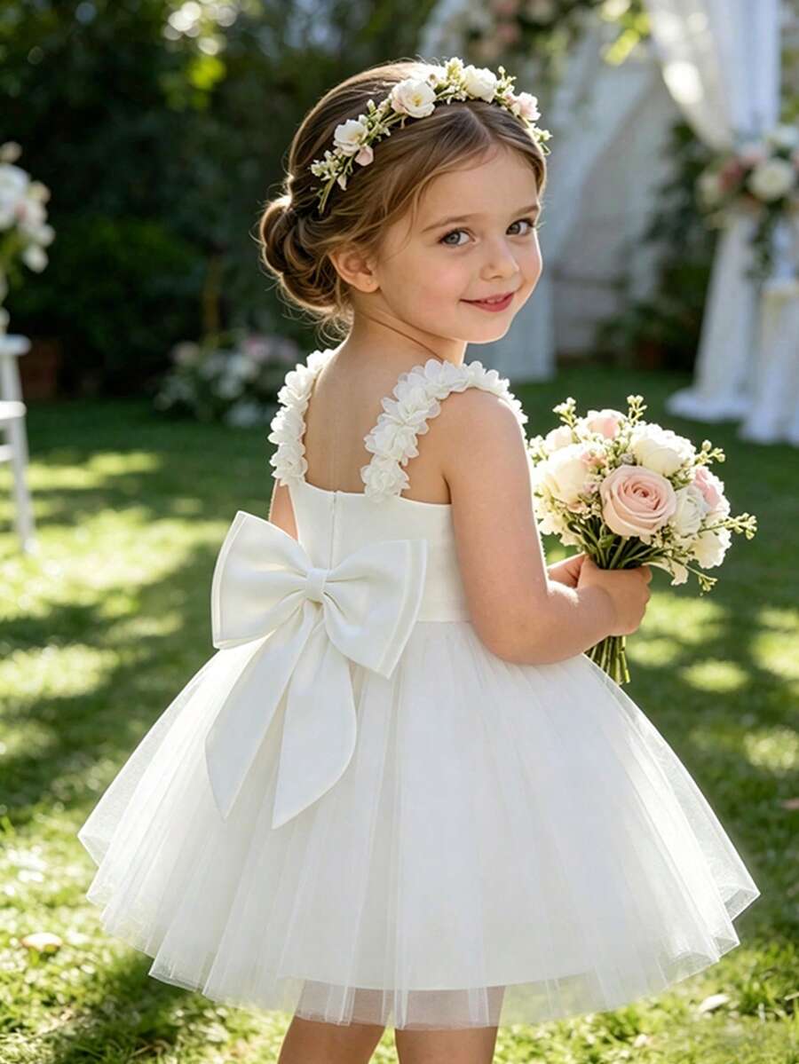 Glamorique Kids Girls Birthday Party Children's Dress Floral Spaghetti Strap Backless Mesh Princess Gown Flower Girl Puffy Tulle Skirt