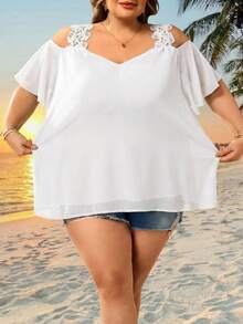 SHEIN CURVE+ Women's Plus Size Summer Vacation Solid Color Off-Shoulder Casual Short Sleeve Shirt Vacation White - White - View 4