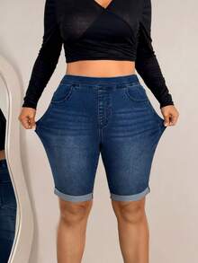 Flexra Plus Size Women's Casual Slim Fit Denim Shorts Trail Ride Navy Blue Summer - Dark Wash - View 5