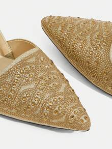 CUCCOO TILAWA Women Rhinestone Decor Pointed Toe Slingback Flat Sandals, Elegant Golden Glitter Back Strap Mule Pumps, Wedding Party Dress Slip On Shoes - Gold - View 5