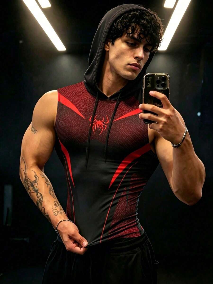 Gym Rark 男士抽繩連帽蜘蛛圖案休閒百搭日常旅行運動T恤 - 彩色 - 查看 1