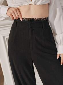 Anewsta Pantalones de traje negro de mujer de cintura alta con volantes, versátiles, casuales y de lino para vacaciones de verano - Negro - Ver 7