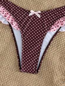 Bonvoyette Polka Dot Print Bikini Set, Bandeau Top With Open Back, Spaghetti Straps, Bow Decor, High Waist Triangle Bottom, Beach Party Brown Summer Sexy - Multicolor - View 4