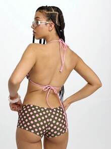 SUMWON WOMEN 波點三角掛脖比基尼套裝，蝴蝶結裝飾，男孩短褲泳褲，夏季海灘泳裝 - 卡其色 - 查看 2