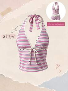 Elavelle Women's Spring/Summer Random Print Spaghetti Strap Bow Bikini Top - Multicolor - View 4