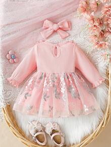 SHEIN Conjunto de 2 piezas para bebé niña, vestido acanalado dulce con bordado, lazo y empalme de malla - Rosa - Ver 2