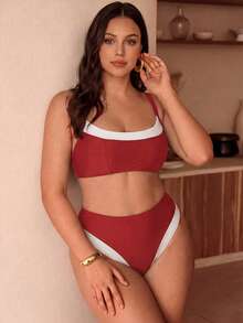 Swim Chiccia Plus Size 2 Pieces Women's Summer Colorblock Bikini Set, Minimalist Sexy Tropical Patchwork Design, High Waist Triangle Swim Bottoms, Beach All White - Red - View 5
