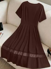 GlowEve CURVE Plus Size Elegant Premium Mesh Patchwork Short Sleeve A-Line Dress For Women - Brown - View 2