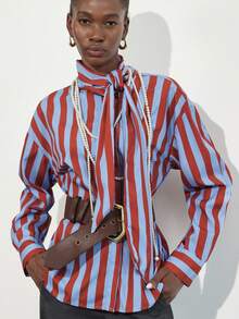Aveloria Modichic Camisa de manga larga con cuello alto y decoración de lazo, diseño de rayas con colores en contraste, estilo de nicho - Rojo - Ver 1