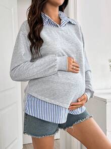 SHEIN Maternity Minimalist 1960s Casual Versatile Striped Patchwork 2 In 1 Sweatshirt Baby Blue Autumn All-Match Cute Chic Going Out Winter - Light Grey - View 4