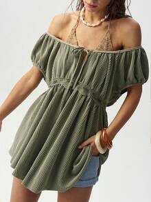 Bohemela Women's Casual Elegant Cottage Core Boho Solid Color Knit Scoop Neck Short Sleeve T-Shirt Vacation Sage Green Summer - Army Green - View 3