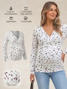 SHEIN Top d'allaitement de maternité à col en V profond avec imprimé floral, décontracté et polyvalent pour le port quotidien en automne - Blanc - Voir 2