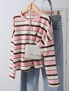 SHEIN Sparklyn Tween Girls' Ribbed Scoop Neck Elastic Fitted All-Match Versatile Long Sleeve T-Shirt, Comfortable/Halloween,Glowmode,Fall, Back To School, Fall Tops - Pink - View 3