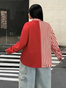 Mawevolt Plus Size Long Sleeve Casual Commute Striped Classic Romantic Versatile Fashion Shirt Fall - Red - View 6