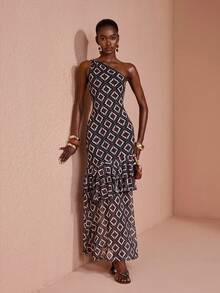 JIAN LASALA Mesh One-Shoulder Ruffle Hem Asymmetric Neckline Bodycon Women Long Dress - Multicolor - View 6