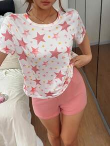 Dream Adore Women's Star Print Short Sleeve Top And Solid Color Shorts Pajama Set - Multicolor - View 3
