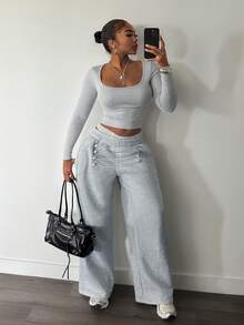 Slaydiva Casual Athleisure Basic Street Napoleon Style Button-Front Women's Long Sweatpants Everyday Work Gray Summer - Grey - View 6