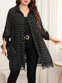 Reflora Plus Size French Fashion Polka Dot Print Lace Patchwork Button Shirt - Black and White - View 1