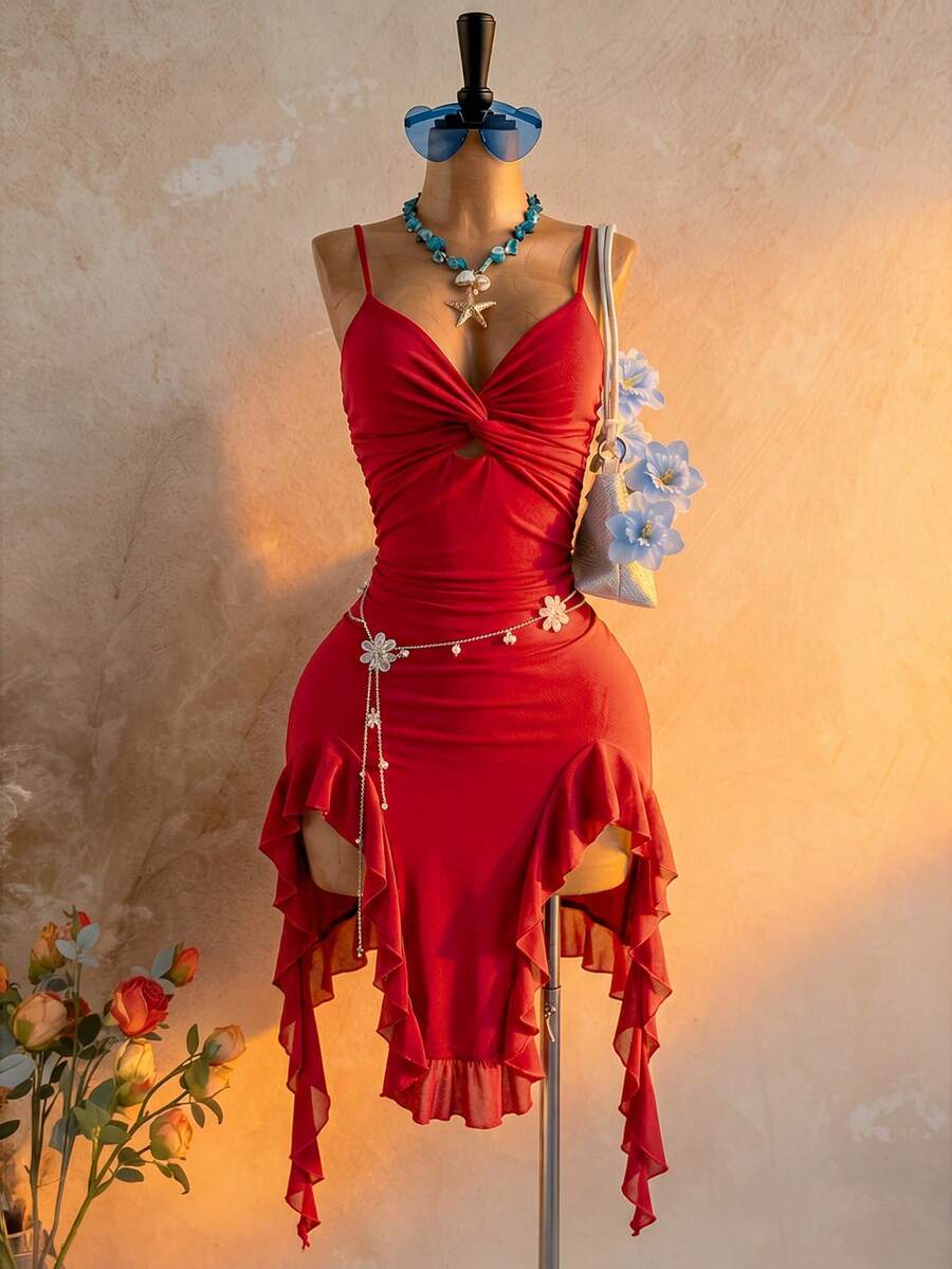 Soleia Women's Solid Color Twisted Knot Ruffle Hem Fashion Date Party Midi Spaghetti Strap Dress - Red - View 1