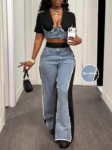 Slaydiva Women'S Colorblock Lapel Neckfrayed Hem Short Sleeve Cropped Denim Jacket Vacation Outfits - Black - View 1