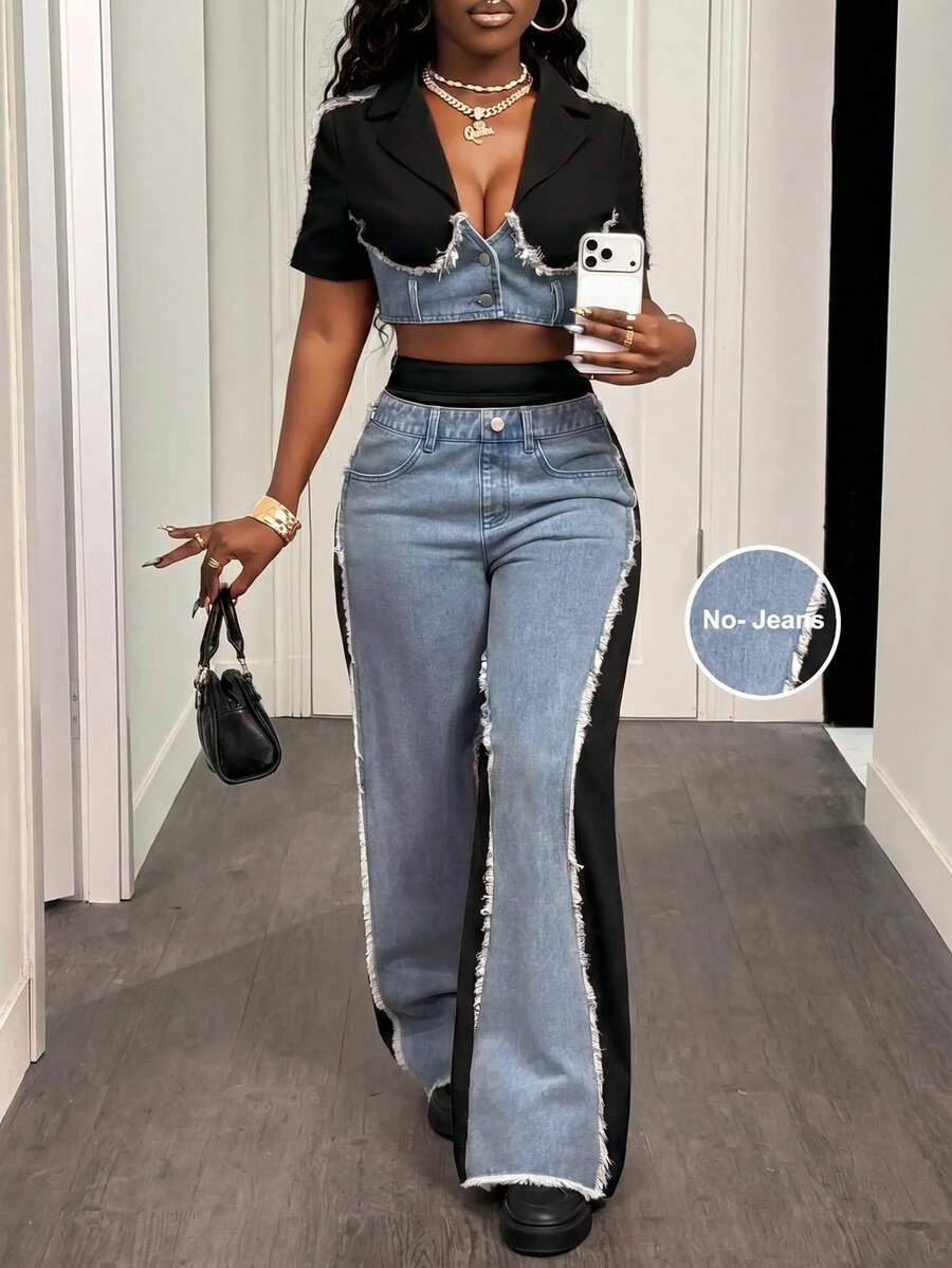 Slaydiva Women'S Colorblock Lapel Neckfrayed Hem Short Sleeve Cropped Denim Jacket Vacation Outfits - Black - View 1