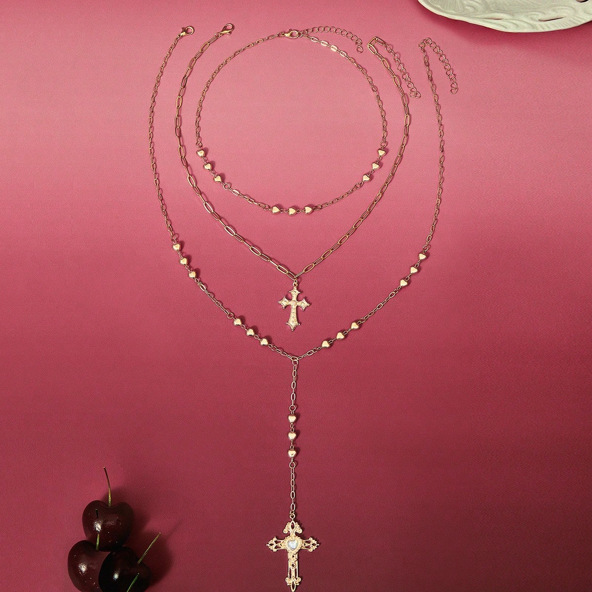 1 Pc Golden Color Heart Chain Cross Necklace Y Chain Pendant Necklaces Layering Necklaces Set Cross Jewelry