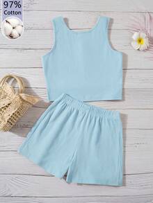 SHEIN Sparklyn 2 قطعة/مجموعة ملابس كاجوال للفتيات المراهقات، توب بدون أكمام وشورتات محبوكة متعددة الألوان - الأزرق - مشاهدة 3