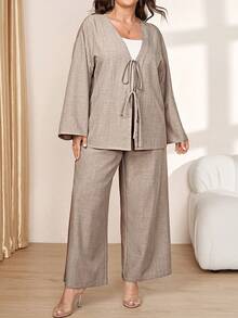 Comfylo Plus Size Casual Modest Elegant Soft Form Loose Shirt And Pants 2 Pieces Set Autumn Brunch Morning Formal Office Two Toned Grey - Khaki - View 4