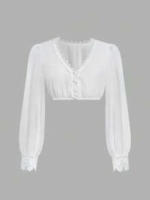 Fairmaia German Traditional Women's Lace Patchwork Cropped Top - White - View 2